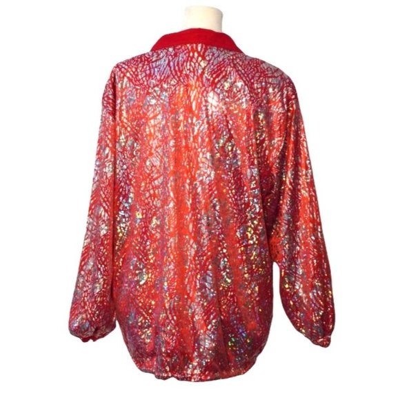 Y2K Holographic Bomber Jacket, Reversible Red Jacket, Silver Hologram 90s Unisex - Picture 5 of 10